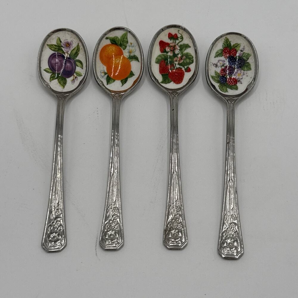 Vintage Avon Fruit Spoons Set of 4 Stainless Steel Japan Enamel Berry Orange